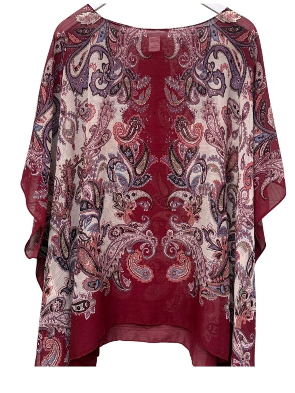 New York & Company Sheer Poncho Blouse S/M Burgundy Paisley Lightweight Top